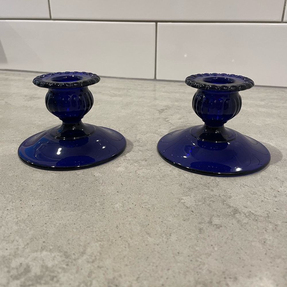 Cobalt Blue Glass Candlestick Holders - Set of 2